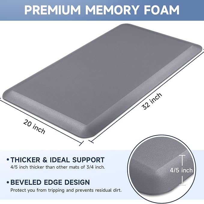 4/5 Inch Thick Kitchen Mats for Floor, StepRite Kitchen Rug for Standing Desk, Non-Slip, Thicker, Stain Resistant, Waterproof, Comfort Anti Fatigue Floor Mat for Home, Kitchen, Office - Grey,32*20''