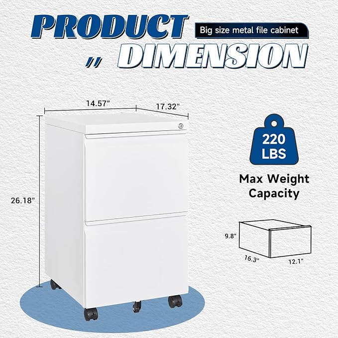 2 Drawers Vertical File Cabinet - Fully Assembled White Under Desk Mobile Filling Cabinet Small Lockable Home Office File Cabinets for A4/Letter/Legal Size