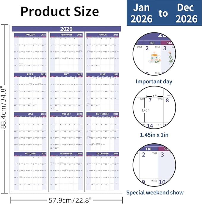 2026 Wall Calendar 34.8" x 22.8" Large Vertical Yearly Wall Hanging Calenda with Julian Date Thick Paper Calendar 12 Month Annual Wall Planner for Wall Office Fridge(Purple)