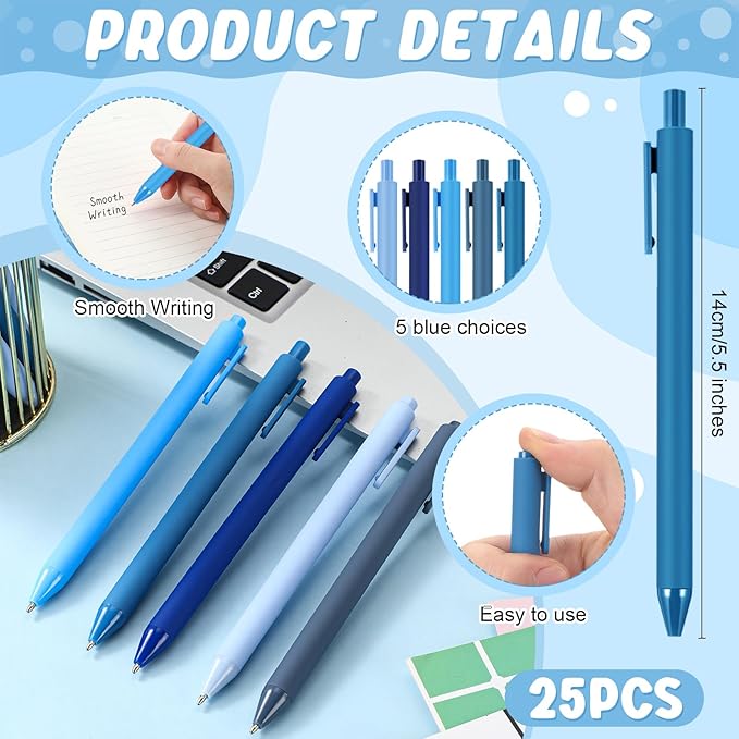 25 Pcs Ballpoint Pens Bulk Retractable Writing 1. 0 mm Black Ink Cute Pens Smooth Writing Color Fancy Gift for Teacher Student Employee Office School Home Baby Shower Supplies (Blue Series)