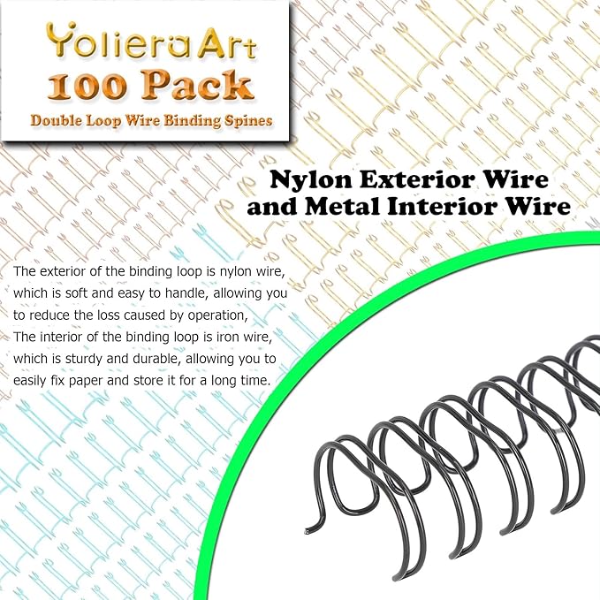 100 Pack Double Loop Wire Binding Spines, YolieraArt Wire Binding Spines, 5/8 Inch Binding Wire for Letter Size 140 Sheet Capacity), 100P, 3:1 Pitch, Black)