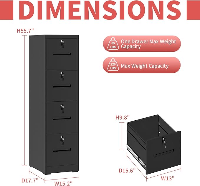 4 Drawer Metal File Cabinet with 4 Unique Locks Heavy Duty Locking File Cabinets Home Office Steel Filing Cabinet Vertical File Cabinets for Legal/Letter Size File,Assembly Required