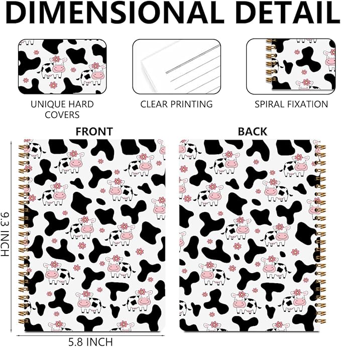 2 Pcs Cow Spiral Notebooks for Work, A5(8.3x5.8inch) Composition Notebook College Ruled Note Book, Pink Flowers Hardcover Notepads Diary Lined Travel Journal for Writing, Cute Cow Gifts for Women