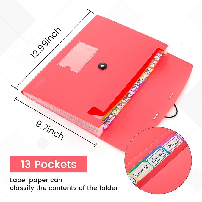 13 Pocket Expanding File Folder Accordian File Organizer, A4 Letter Size Paper Document Receipt Holder for School Office Supplies, Pink