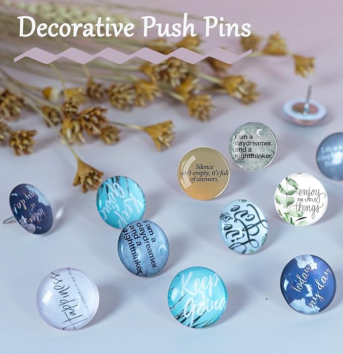 24Pcs Decorative Push Pins,Decorative Thumb Tacks for Bulletin Board, Cork Board Thumbtacks,Photos Wall Maps,Cute Thumbtack for Cubicle Decor,Classroom Supplies and Office Decor(Motivational-Happy)
