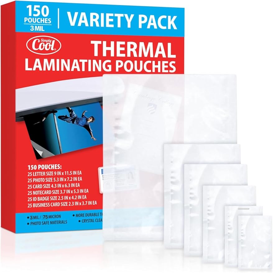 3MIL Thermal Laminating Sheets (150 Count) Letter Size, Photo, Card, Notecard, ID Badge and Business Card Sizes, Laminating Pouches, Compatible with Laminators, Crystal Clear Laminated Finish