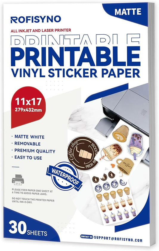 11x17 Printable Vinyl Sticker Paper Waterproof, Removable Self Adhesive Vinyl Sticker Sheets for Inkjet and Laser printer, 30 Pack, Tabloid Size, Matte White