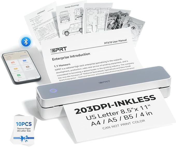 iDPRT Portable Printer Wireless for Travel - 203DPI Bluetooth Mobile Printer Support for 8.5"x11" US Letter, Inkless Compatible with iOS, Android, Laptop for Office, Car and Home, School