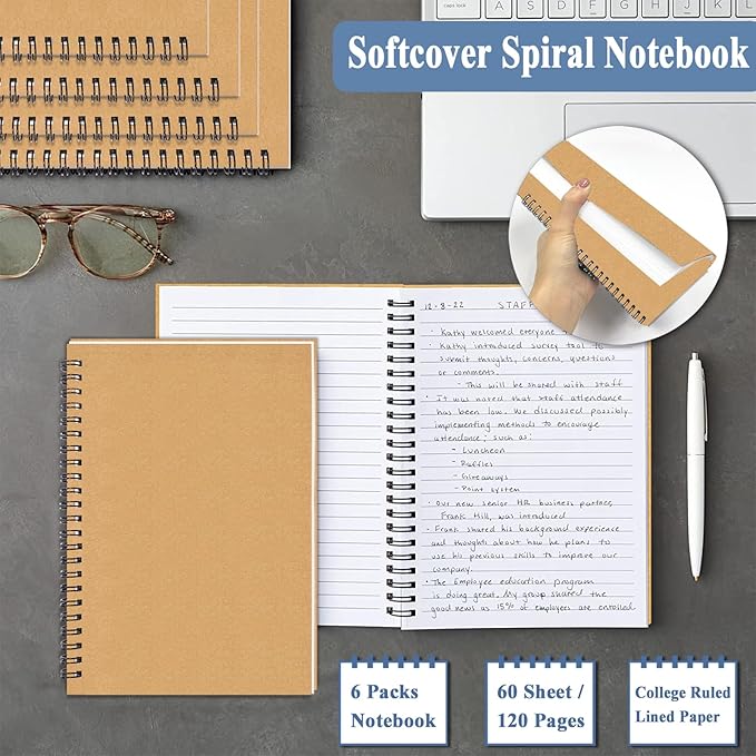 12Pack Small Spiral Notebook A5, 8.25x5.5” 120 Lined Pages Brown Wide Ruled Spiral Journal Bulk Blank Kraft Cover Spiral Bound Notebook & Writing Pads for Home Office Meeting Work Note Taking