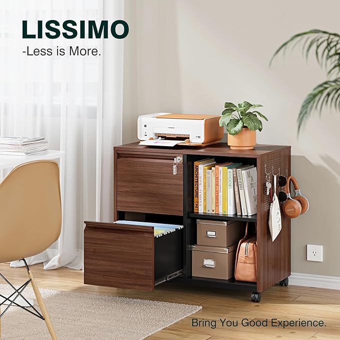 2 Drawer Mobile File Cabinet,Metal File Cabinet with Lock，Lateral Printer Stand Filling Storage Cabinet for Home Office-A4/F4/Letter（Wood