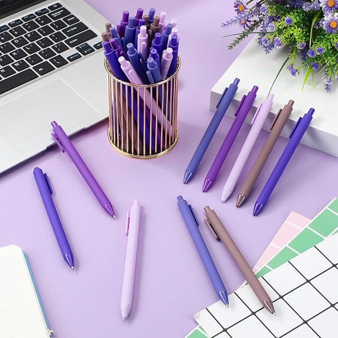 100 Pcs Ballpoint Pens Bulk Retractable Writing 1. 0 mm Black Ink Cute Pens Smooth Writing Color Fancy Gift for Teacher Student Employee Office School Home Baby Shower Supplies (Purple Series)