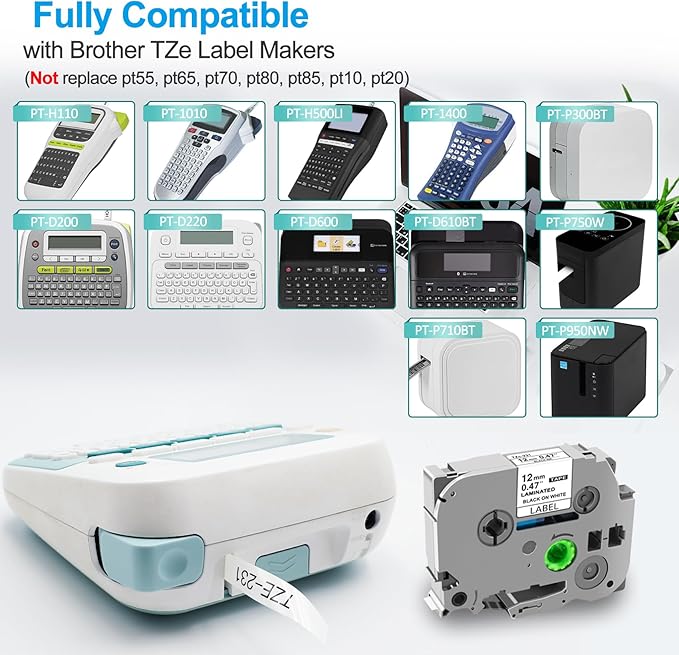 15Pack TZe-231 Label Maker Tapes Replacement for Brother P Touch Label Maker Refills, TZe231 Tape Laminated 12mm 0.47 White, TZ-231 Tapes for Brother PT-H110 PTD210 PTD220 PTD400 Printer