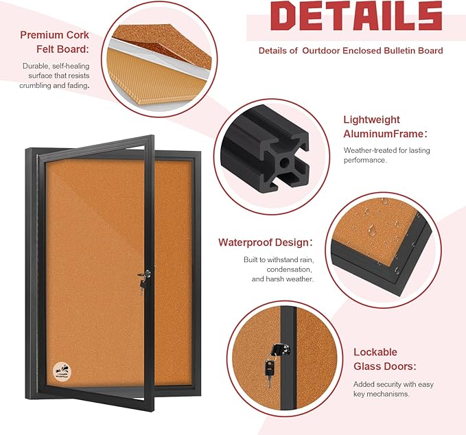 36x24 Inch Outdoor Enclosed Bulletin Board with Locking Door - Weatherproof & Tamperproof Cork Notice Board - Black Aluminum Frame