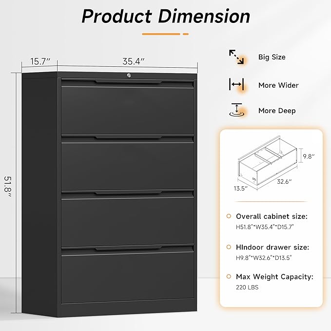 4 Drawer Lateral File Cabinet, Metal Lateral Filing Cabinet with Lock for Hanging Files Letter/Legal/F4/A4 Size, Easy Assemble Black