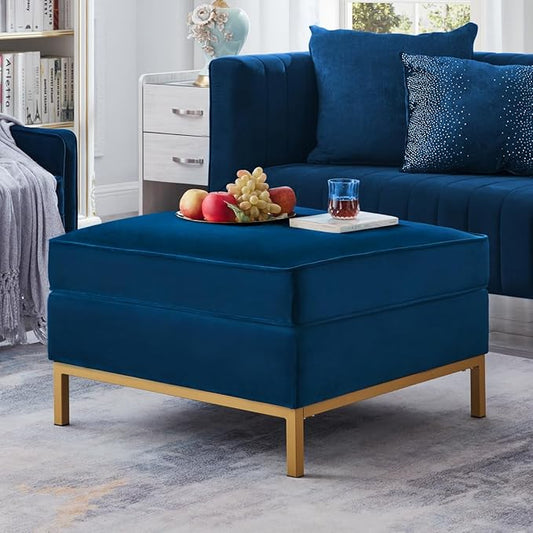 24KF Large Square Couch Ottoman, Velvet Ottoman with Padded Cushion, Large Foot Rest for Living Room - Navy