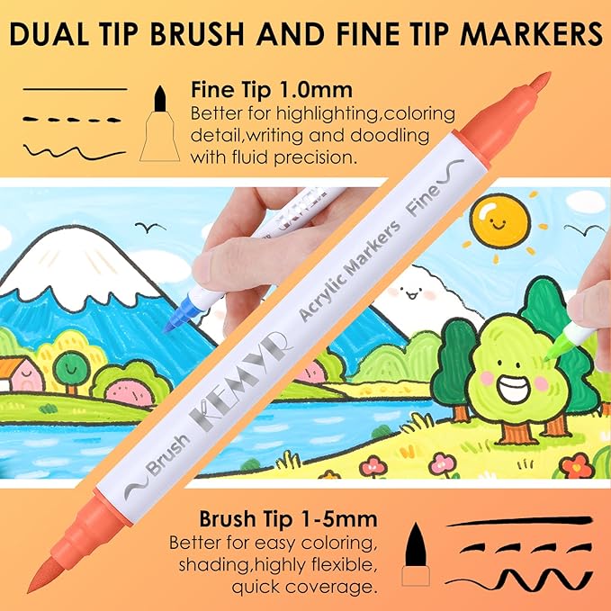 48 Colors Brush & Fine Tip Acrylic Paint Pens, Dual Tip Acrylic Paint Markers for Paper, Wood, Canvas, Stone, Rock, Glass, Fabric, DIY, Ceramic, Art Supplies for Kids and Adults Drawing