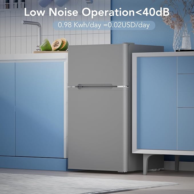 3.1 Cu.Ft Small Fridge with Freezer, Compact Refrigerator with 2 Doors, Mini Fridge with Adjustable Removable Glass Shelves for Bedroom, Dorm, Office or Apartment,Grey