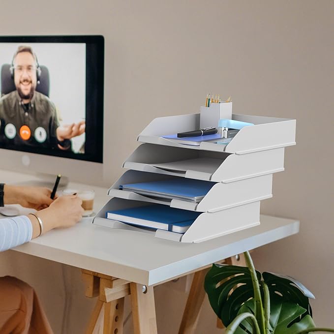 4 Pack Stackable Paper Trays for Letter Documents, Desktop File Organizers for Office Supplies, Stackable Desk Tray Holder for Paper Storage, Gray