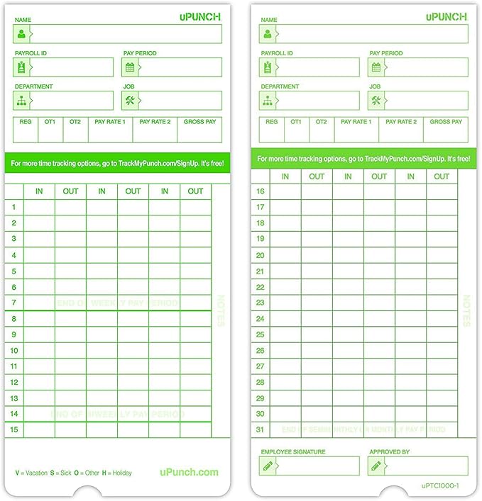 100 uPunch Time Cards for HN3000