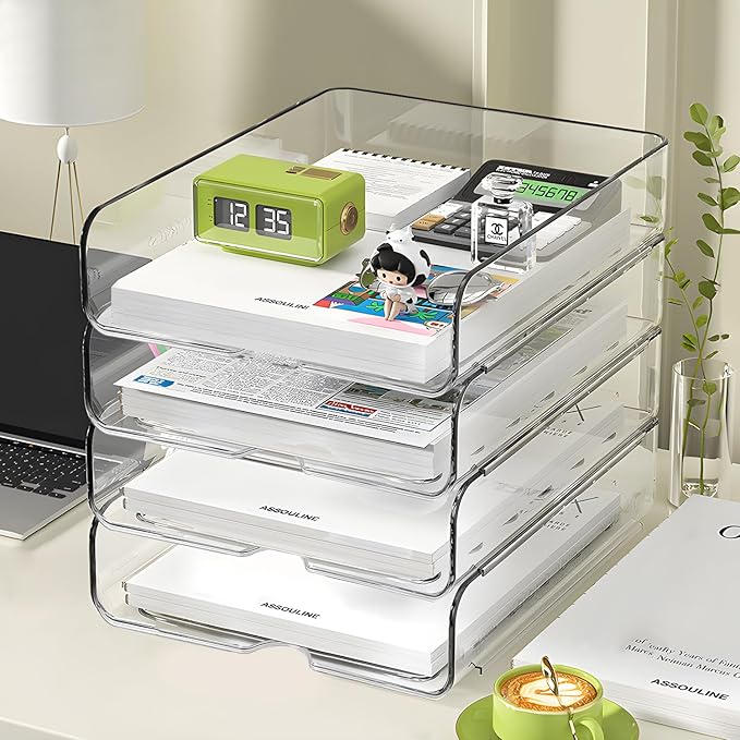 4-Tier Paper Organizer for Desk, Stackable Desk Organizer Paper Tray, Ideal for Office Supplies, A4 Storage (Clear, 4-Tier)