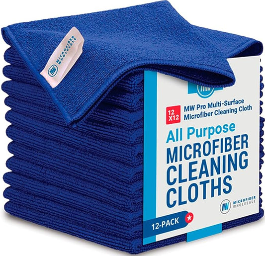 12" x 12" MW Pro Multi-Surface Microfiber Cleaning Cloths | Dark Blue - 12 Pack | Premium Microfiber Towels for Cleaning Glass, Kitchens, Bathrooms, Automotive, Supplies & Products