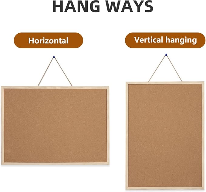 2 Pack 16” x 24” Cork Boards for Walls with Wooden Frame, Double Sided Office Board for Wall Organizer, Bulletins Board Decorative Hanging Pin Board for School, Home & Office, Memo Board