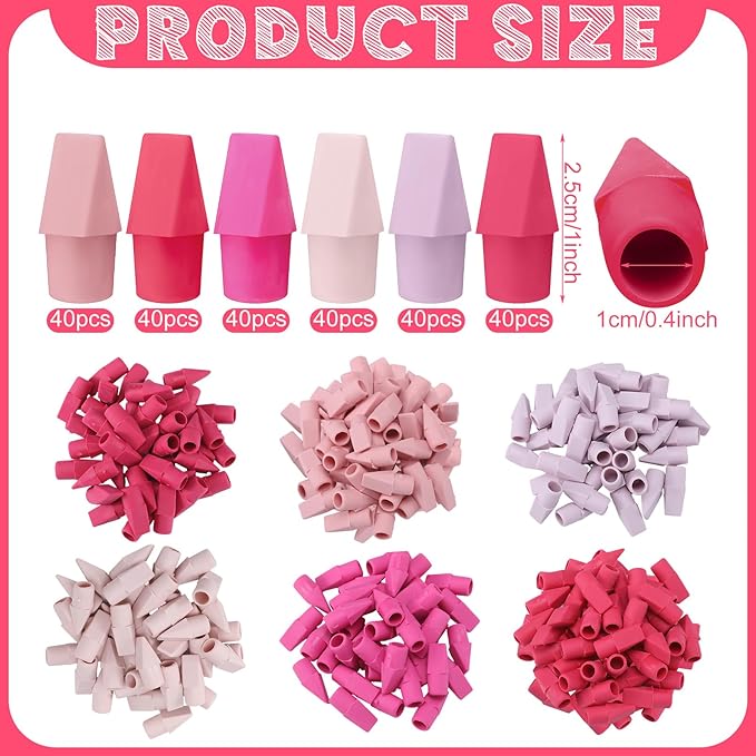 240 Pcs Pencil Top Erasers Cap Bulk Cute Pencil Toppers Erasers School Office Supplies for Students Teachers Art School Office Classroom Supplies(Pink)
