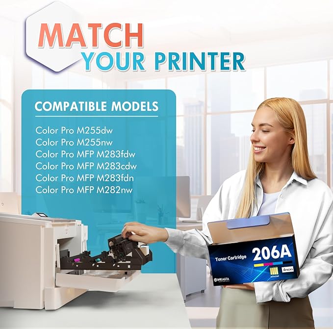 206A Toner Cartridges 4 Pack M283cdw M283fdw 206X Set Compatible Replacement for HP 206A 206X Color Laserjet Pro MFP M283fdw M283cdw M283 Pro M255dw Printer Ink High Yield (with Chip-B/C/Y/M)