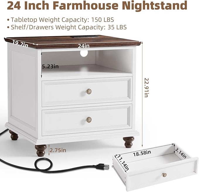 24" Wide Farmhouse Nightstand with Charging Station, End Table with 2 Drawers, White Wood Dresser for Bedroom Cabinet, Bed Side Table Chest of Drawers, Night Stand for Living Room, Closet