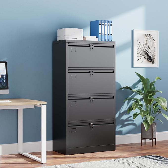 4 Drawer Lateral File Cabinet, Metal Wide Filing Cabinet with Independent Locks, Home Office Furniture for Hanging Files Letter/Legal/F4/A4 Size, Assembly Required, Black