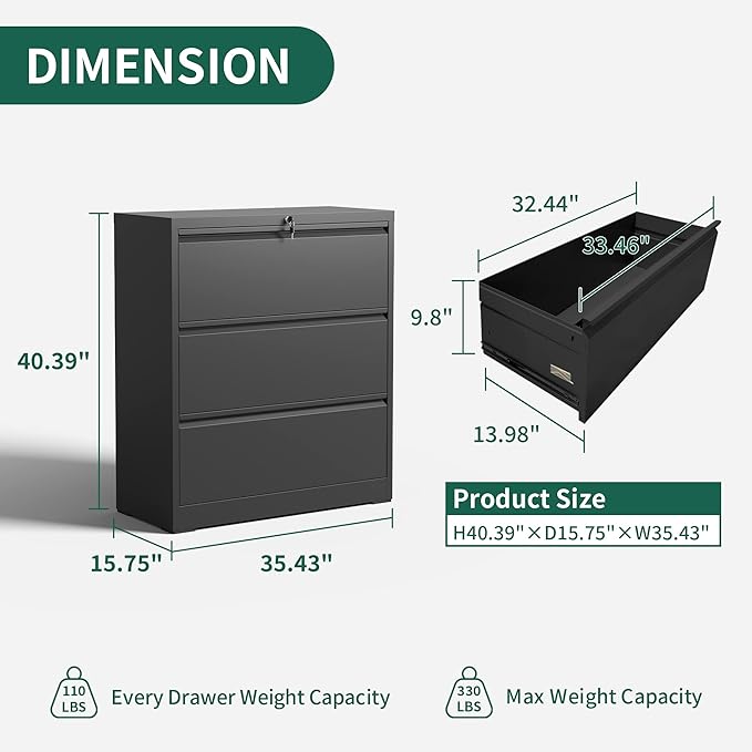 3 Drawer Lateral File Cabinet, File Cabinets for Home Office Legal/Letter A4 Size, File Cabinet with 3 Drawer Cabinet, Require Assembly, Black