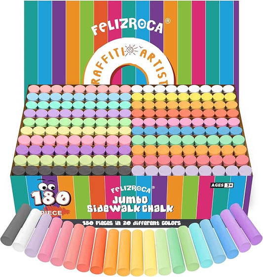 180PCS Sidewalk Chalks Set in 20 Colors, Non-Toxic, Washable Jumbo Outdoor Chalk for Kids, Pavement Chalk