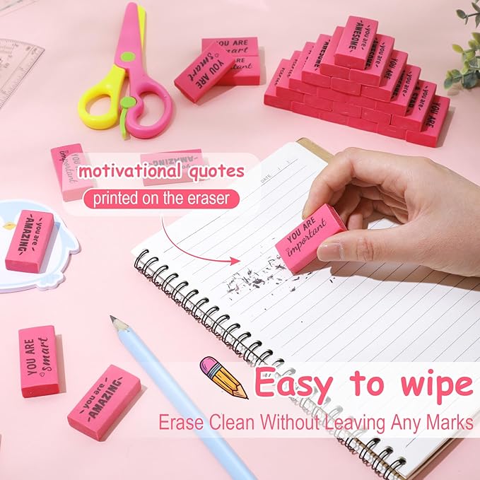 180 Pcs Inspirational Erasers for Kids Christian Pencil Erasers Bulk, Back-to-School Gifts Motivational and Cute Supplies for Students Classrooms, Drawing(Pink,Motivational)