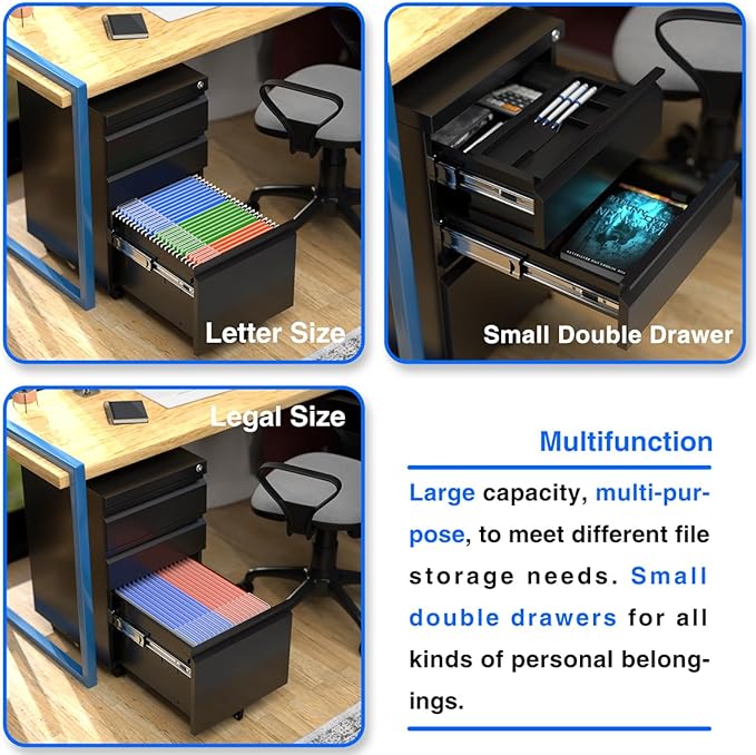 3 Drawer Steel Mobile File Cabinet with Lock for Legal/Letter/A4 Folders, 23.6''H Rolling File Cabinet for Home, Office, Fully Assembled Except Wheels, Black