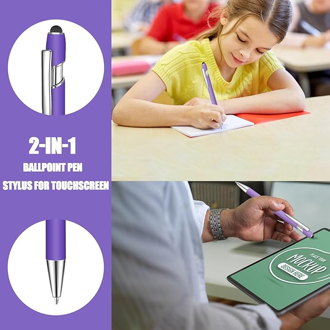 24 Pcs Blue Ink Ballpoint Pen with Stylus Tip 2 in 1 Ballpoint Pen 1.0 mm Blue Ink Metal Stylus Pen for Touch Screens Coworkers, Family, Colleagues, Office (Purple)