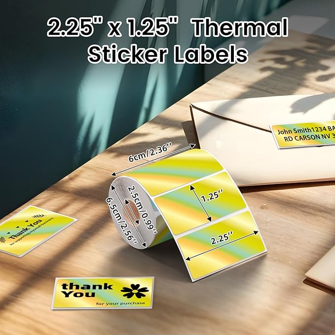 2.25x1.25 Inch Thermal Labels Gold, Holographic Sliver Barcode Thermal Labels for Thermal Printer and Small Business, Multi-Purpose Rectangle Stickers, 500 Sheets/Roll