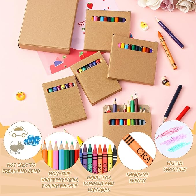 100 Sets Bulk Back to School Supplies, Colored Pencils Pre-Sharpened and Crayons Holiday Bundle in Box Mini Pencils Crayons Bulk Classroom Teacher Supplies, Cute Back to School Gifts