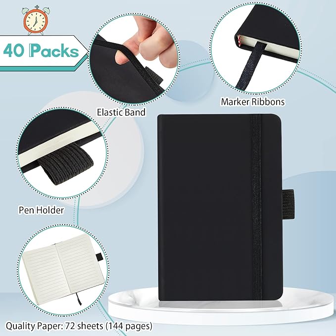 40 Pieces Small Notebooks A6 Pocket Journals 3.5 x 5.5 Inch Small Leather Notebook Mini Ruled Lined Journal with Elastic Band Pen Holder Page Marker Ribbons (Black)