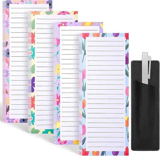 4 Pack Magnetic Note Pad for Fridge with Pen Holder, Totally 200 Sheets Grocery List Magnet Pad for Refrigerator Magnetic Shopping List Pad（Floral Design）