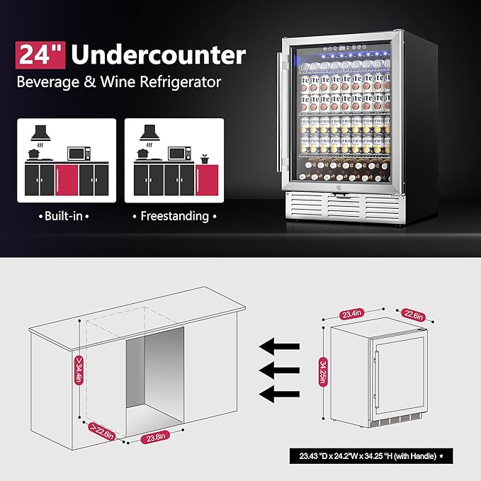 24 Inch Beverage Refrigerator, Beverage Cooler 180 Can Built-in Design, Under Counter Beer Fridge with Glass Door for Soda, Wine, Water - For Kitchen, Office or Bar