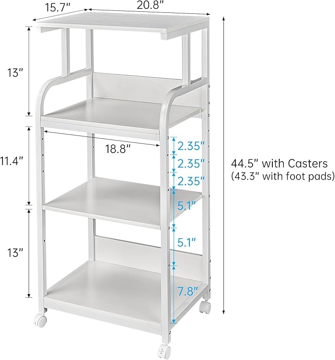 4 Tier White Printer Stand Table with Adjustable Shelves, Movable Printer Shredder Stand with Wheels for Home Office Storage and Organization, Rolling Cart for Computer Tower CPU