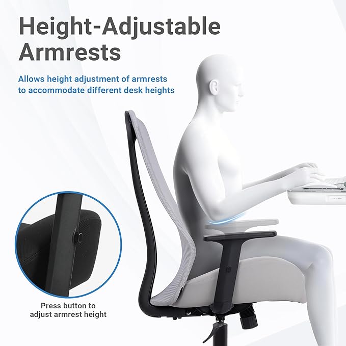 HYLONE Office Chair, 5" Thickened Seat Ergonomic Desk Chair with Adjustable Armrests, Home Office Computer Chairs for Long Hours Mesh Executive Chair(Black Base&Grey)