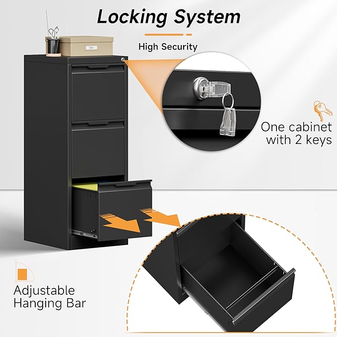 17.8" D File Cabinet, 3 Drawer Metal Filing Cabinets with Lock, Locking Vertical File Cabinet for Letter/Legal/A4/F4 Size, Easy Assemble (Black)