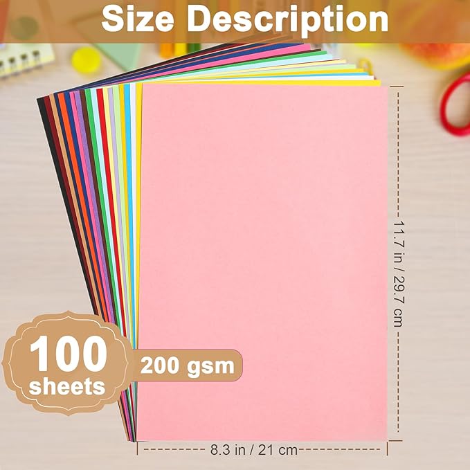 100 Sheets Colors Cardstock Craft Paper, 20 Assorted Colors 75lb Art Projects Card Stock A4 Colored Paper for DIY Cards, Birthday Decorations, School, Party