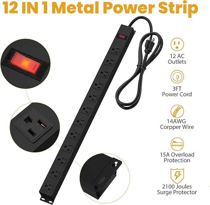 12 Outlet Long Power Strip Surge Protector with 2100 Joules, 3FT Power Cord, Wide Spaced Outlet Power Bar, Overload Protection Switch, Industrial Heavy Duty for Work Bench, Shop, Garage (Black),2 Pack