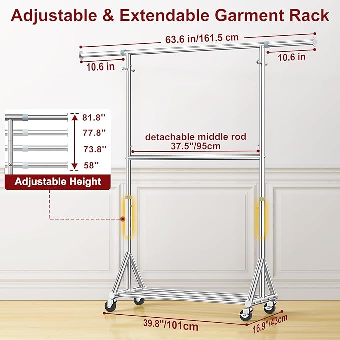 100% Stainless Steel Heavy Duty Clothes Rack Load 860LBS, Rolling Double Rods Clothing Racks for Hanging Clothes, Adjustbale Garment Rack With Sturdy Wheels Shelf, Portable Closet Rack Free Standing