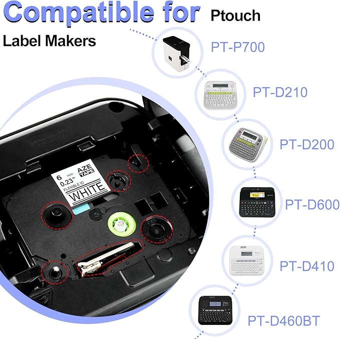 2 Pack 6mm 0.23'' FX211 Laminated Tape Compatible for Ptouch TZ TZe Flexible ID Cable Wires Labels Black on White 1/4" for PTD200 D210 D400 D600 PTH100 H110 PTP300BT PTP700 PTP710BT