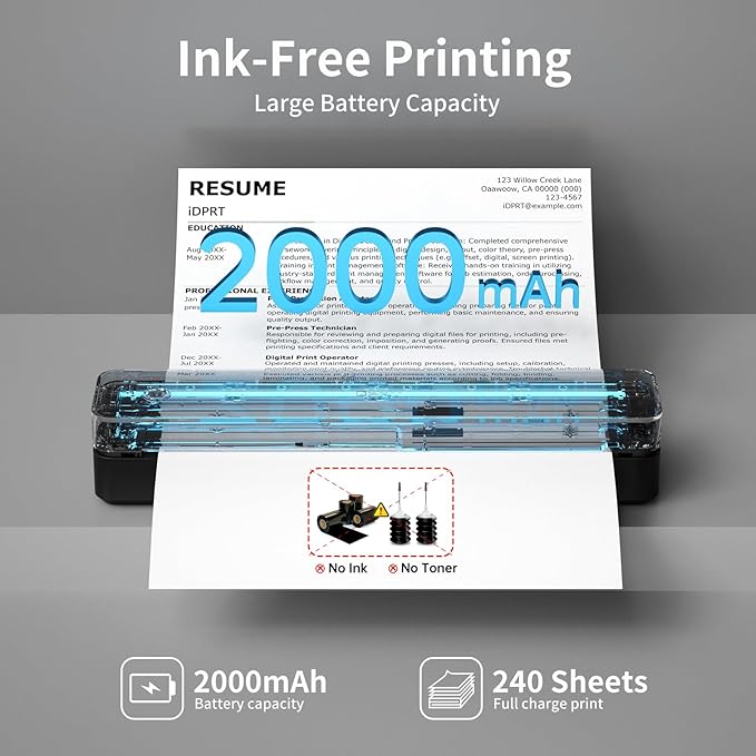 iDPRT Portable Printer Wireless for Travel, Inkless Bluetooth Thermal Printers for Home,Office,Vehicles203DPI,Supports 8.5" x 11" US Letter&A4 A5 Size,Compatible with Android and iOS Phones&PC