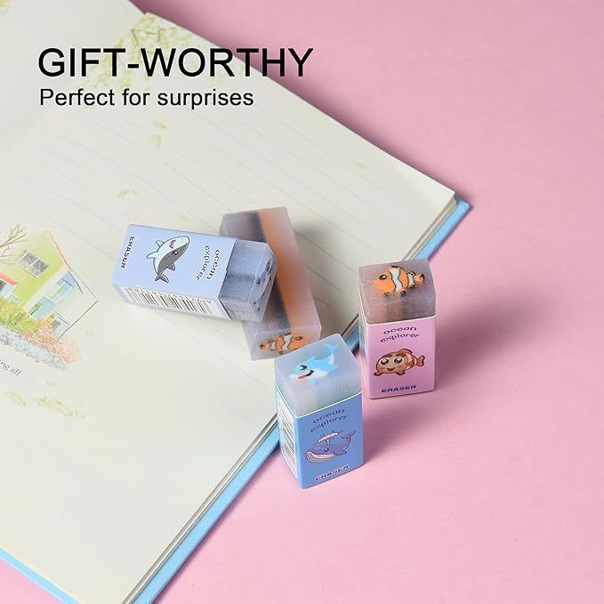 18Pcs Cute Sea Animal Erasers for Kids Bulk, Kawaii Fun Pencil Jelly Erasers for School Classroom Supplies Prize Gifts Party Favors