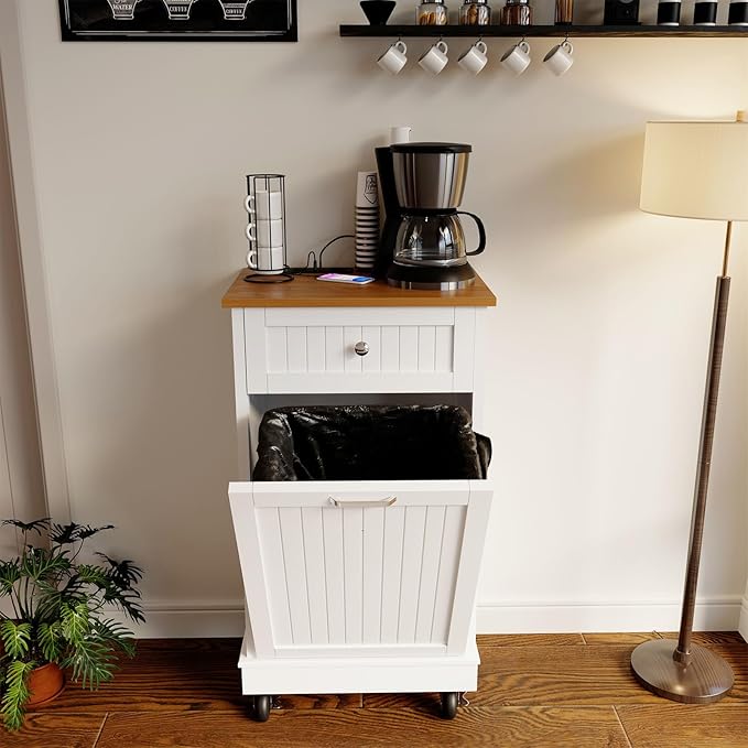 10 Gallon Tilt Out Trash Cabinet, Wooden Kitchen Trash Can Cabinet with Hideaway Drawer, Freestanding Laundry Hamper Garbage Recycling Cabinet on Wheels, Pet Proof, Single, White
